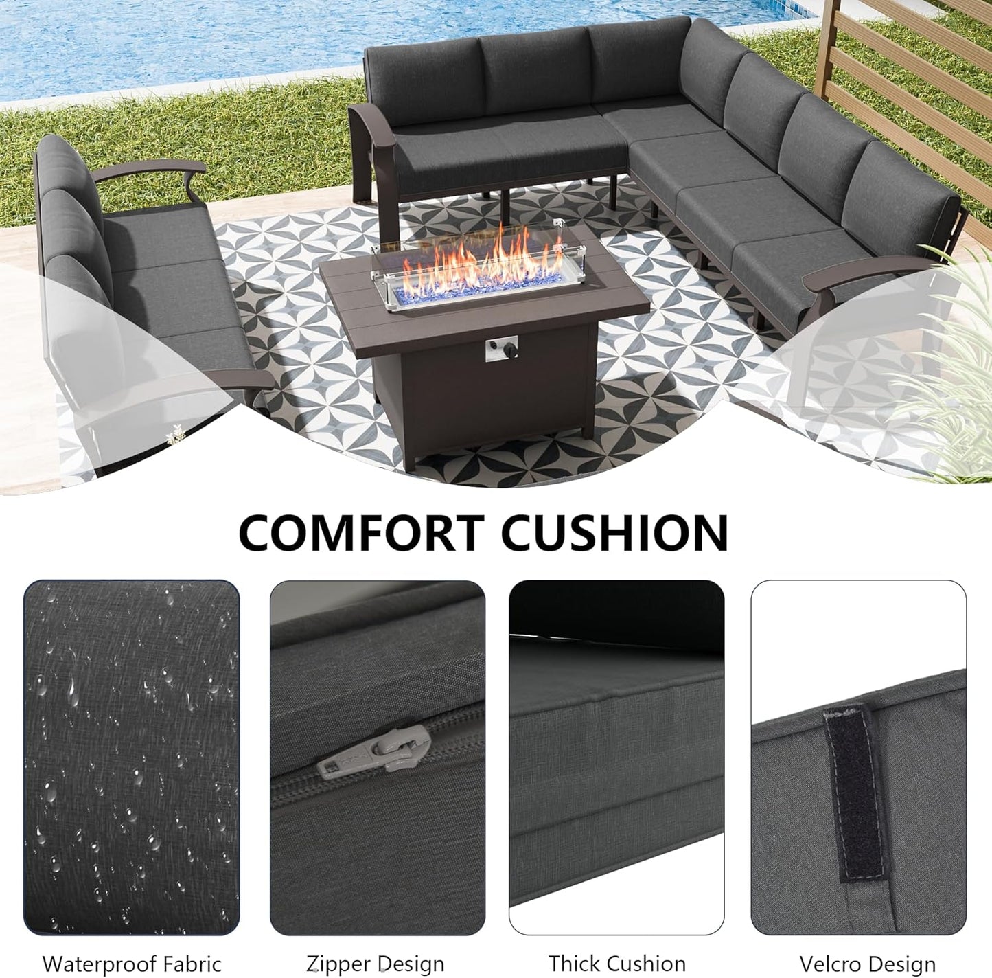 Aluminum Patio Furniture Set with Fire Pit Table, 11 Seats Outdoor Patio Conversation Set Modern Metal Patio Sectional Sofa with 5.1" Upgrade Cushions for Patio, Backyard(Grey).