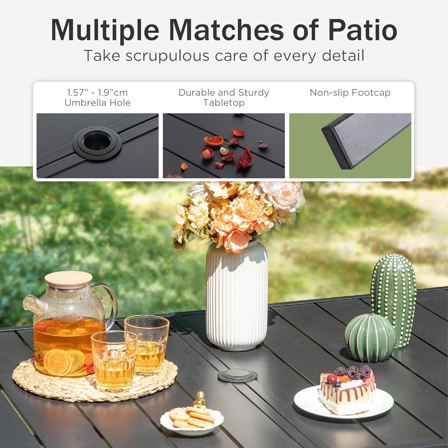 PHI VILLA 6-Person Outdoor Metal Steel Slat Dining Rectangle Table with Adjustable Umbrella Hole, Weather-Resistant for Patio Outdoor Use, Black