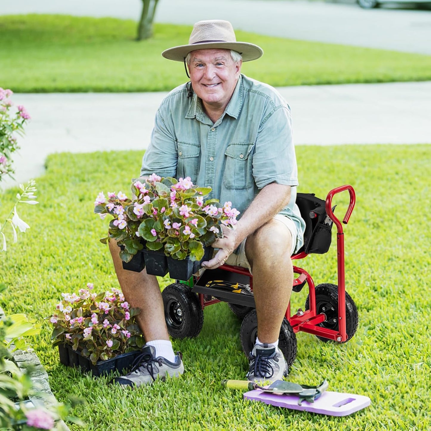 Goplus Garden Seat with Wheels, Rolling Gardening Stool with Adjustable 360° Swivel Seat, Tool Tray & Storage Basket, Extendable Handle, Outdoor Gardening Scooter, Garden Cart Workseat for Seniors
