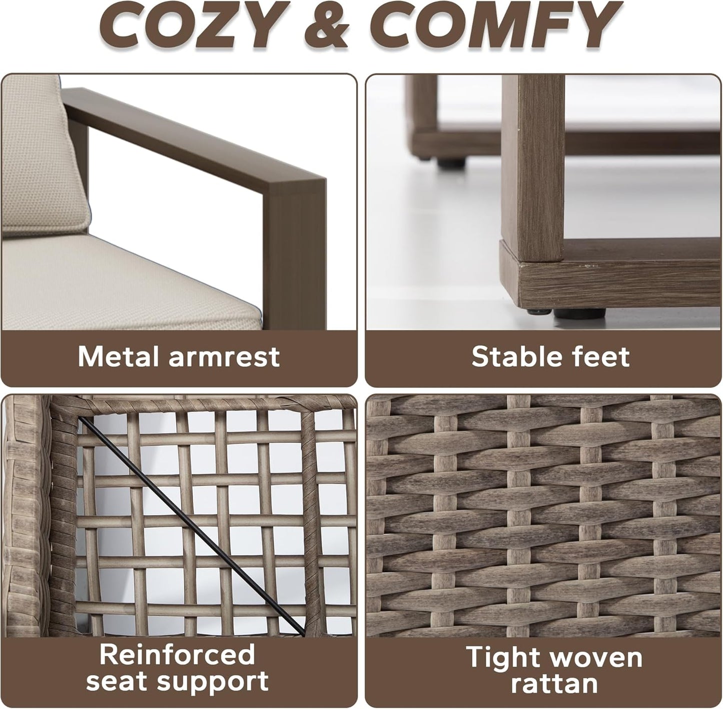 Wicker Patio 75" Sofa Set with 2 Swivel Chairs, All Weather Rattan Outdoor Conversation Furniture Set with Wood-Looking Metal Armrest & Removable Cushions for Backyard Porch, Beige
