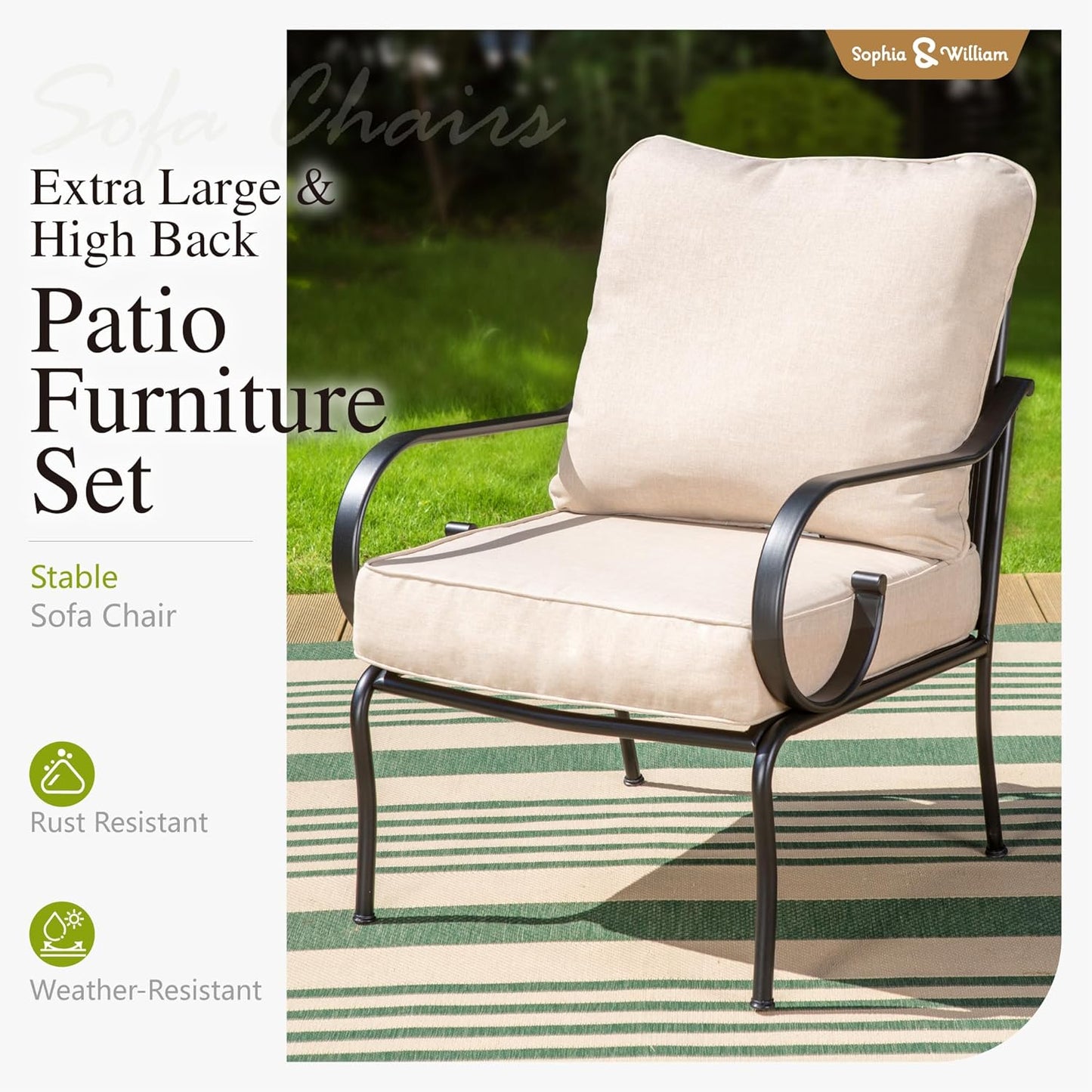 Sophia & William 4 Piece Patio Furniture Set, Outdoor Conversation Sets 5 Seat Clearance with 3-seat Sofa x 1, Cushioned Chair x 2, Metal Coffee Table x 1 for Backayrd Lawn, Beige
