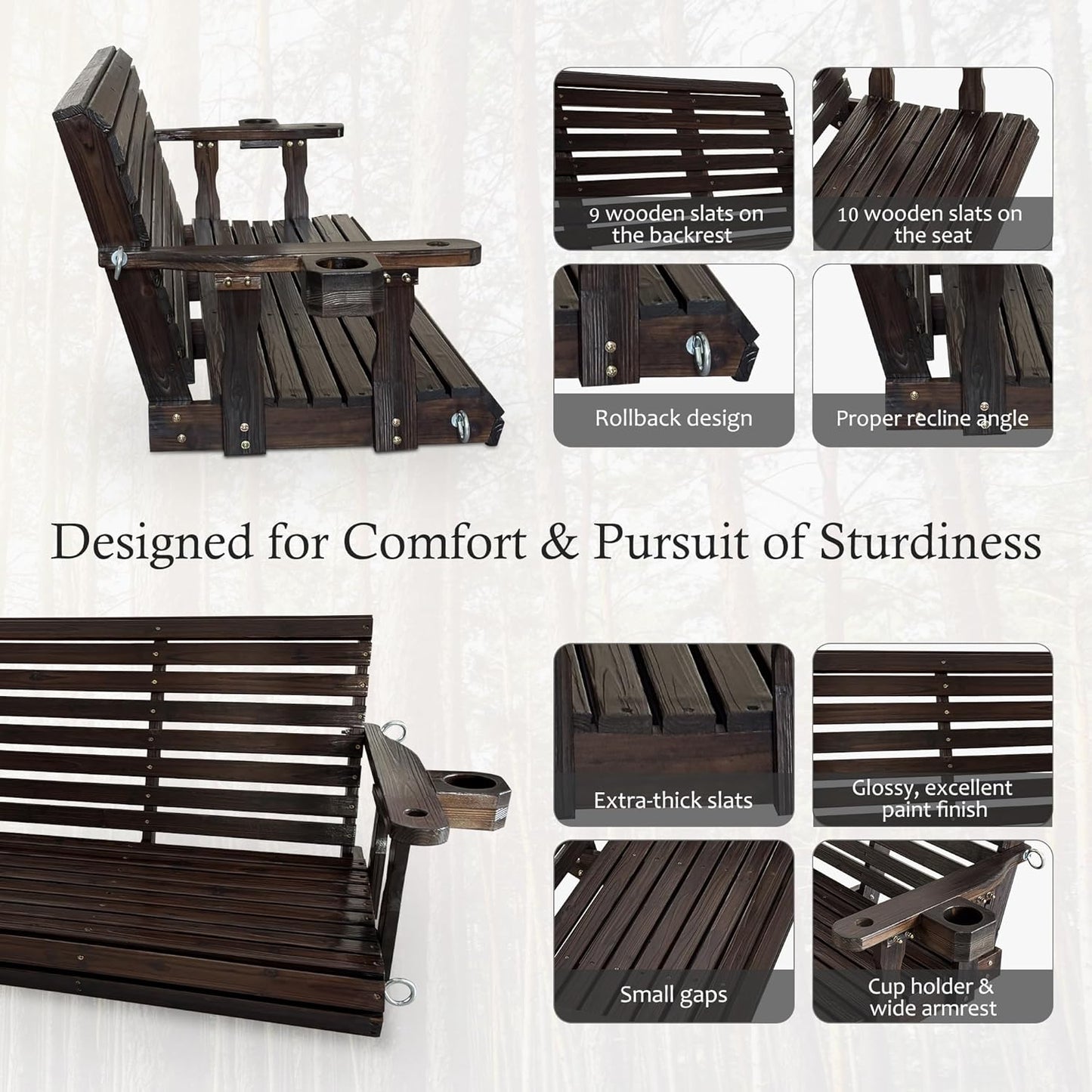 Fortune Candy Wooden Porch Swing 3-Seater, High Backrest and Deep Seat, Bench Swing with Cupholders, Hanging Chains and 7mm Springs, Heavy Duty 880 LBS (Deep Brown, 5 FT Extra Large)