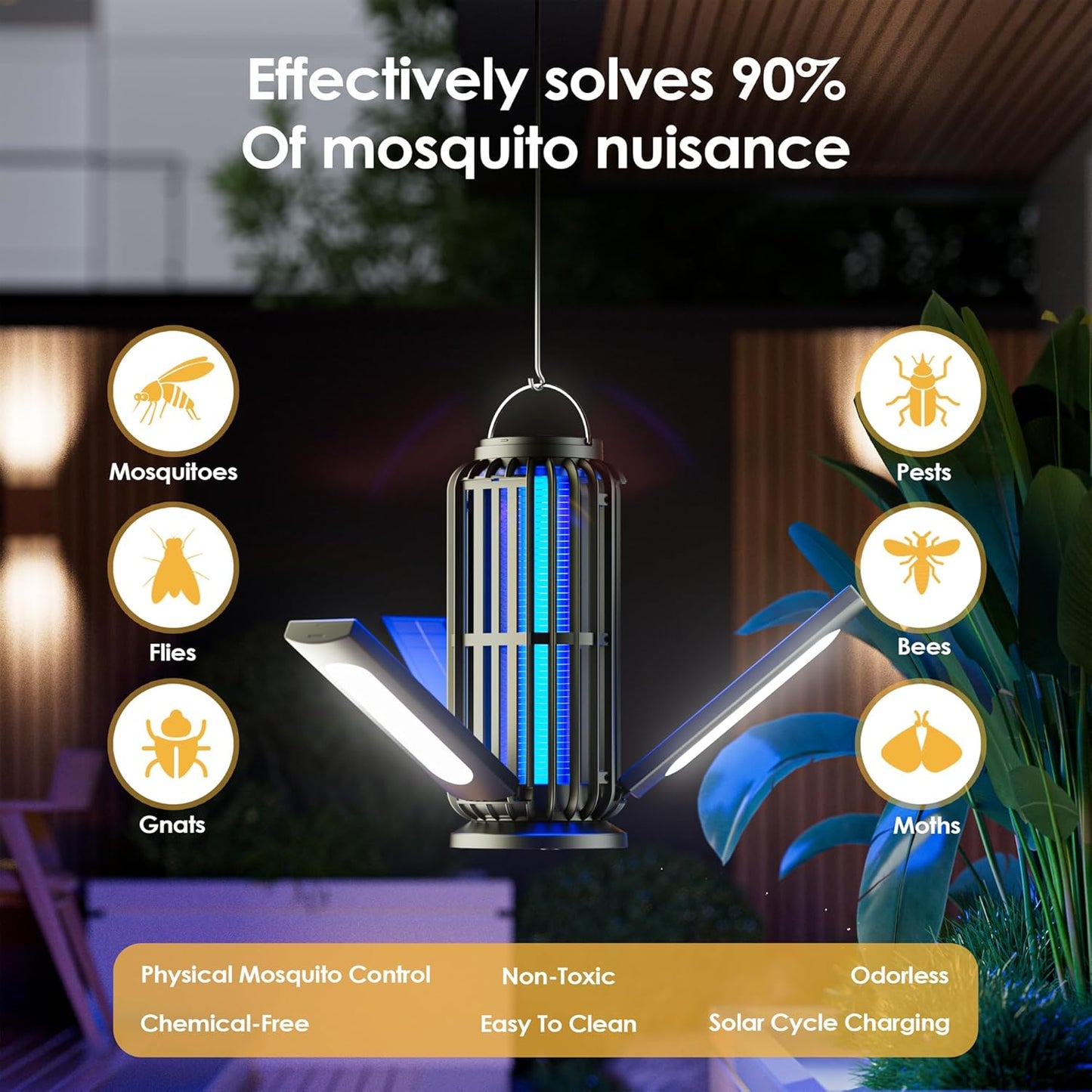 Bug Zapper 2 Pack, Solar Bug Zapper with 3 Solar Charging Panels, IP65 Waterproof Mosquito Zapper, 4200V Mosquito Zapper with LED Light, Outdoor Indoor AUTO ON/Off