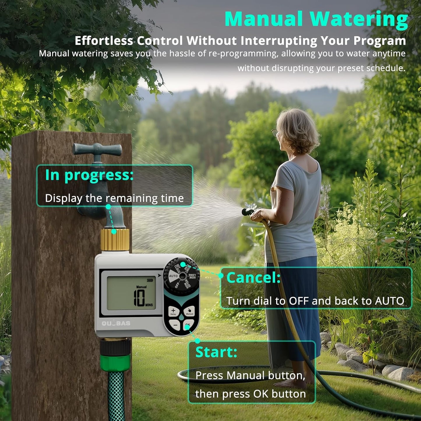 QUOBAS Low Pressure Sprinkler Timer with Brass Inlet & Outlet, Water Timer for Garden Hose, Rain Delay, Manual/Automatic Watering, Ball Valve System Compatible with Rain Barrel