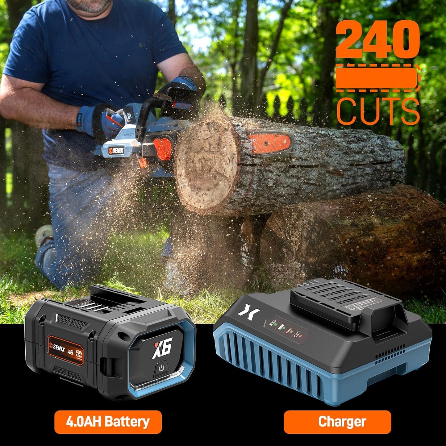 SENIX Chainsaw|60V 16" Battery Chainsaw|Brushless Electric Chainsaws|Cordless Chain Saw with 4Ah Battery & Charger|Garden Tool for Trees, Pruning, Branch Trimming, Best Gifts for Man, CSX6-M