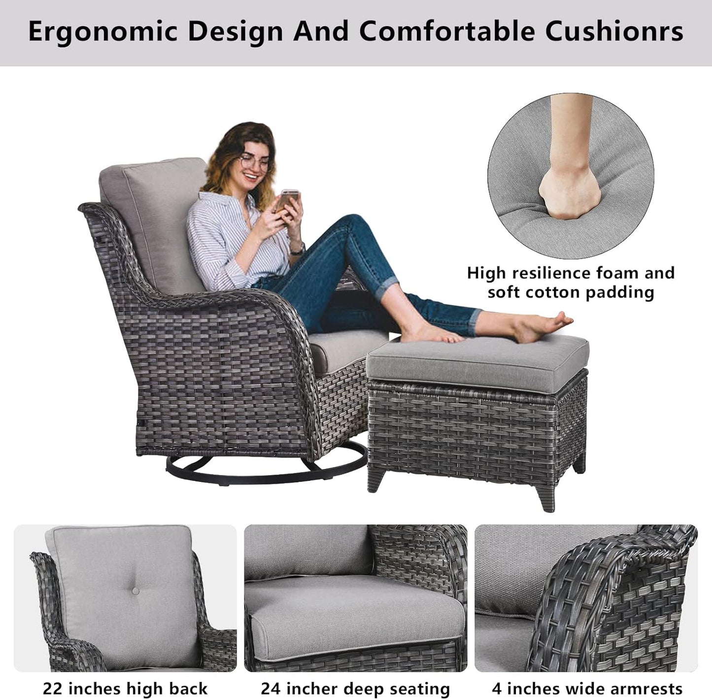Wicker Outdoor Furniture Patio Furniture Set - 6 Piece Patio Conversation Set with Swivel Rocker Chairs, Loveseat Sofa, Ottomans and Coffee Table, Gray Cushion