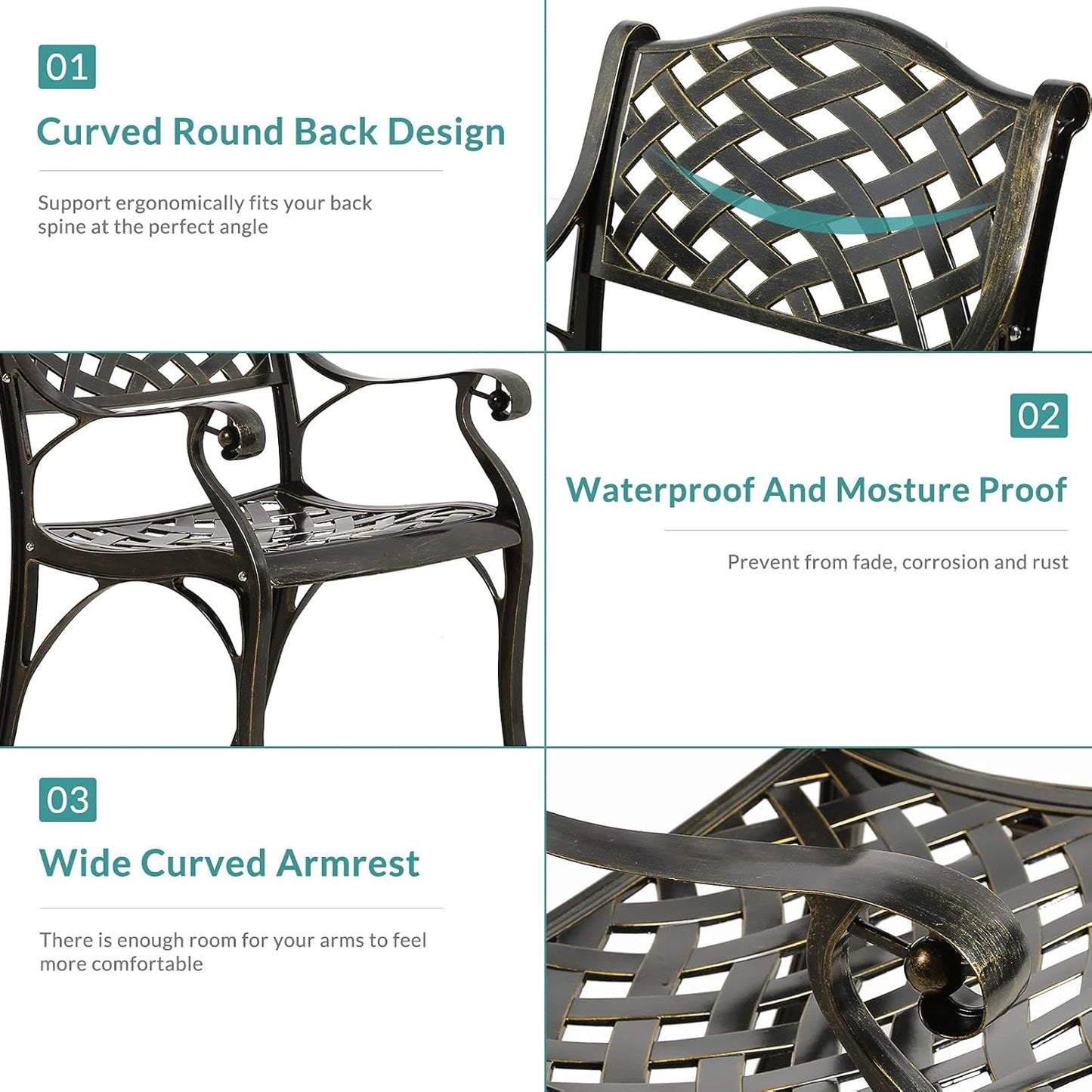 MEETWARM 3 Piece Patio Bistro Set, Outdoor All-Weather Cast Aluminum Dining Furniture Set Includes 2 Chairs and a 35.4” Round Table with Umbrella Hole for Garden Deck