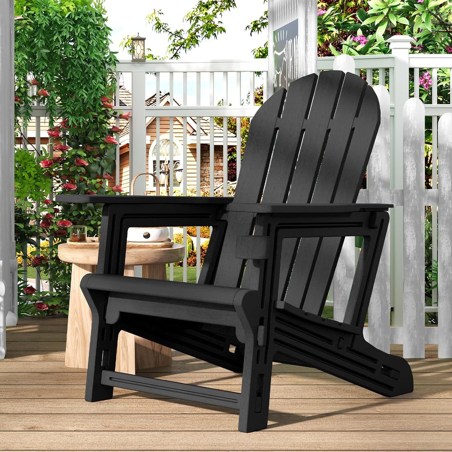 Adirondack Chairs Set of 4, Tool-Free Assembly All-Weather Plastic Adirondack Chairs, HDPE Fire Pit Chairs with Cup Holder, Outdoor Chair for Patio Garden (Black)