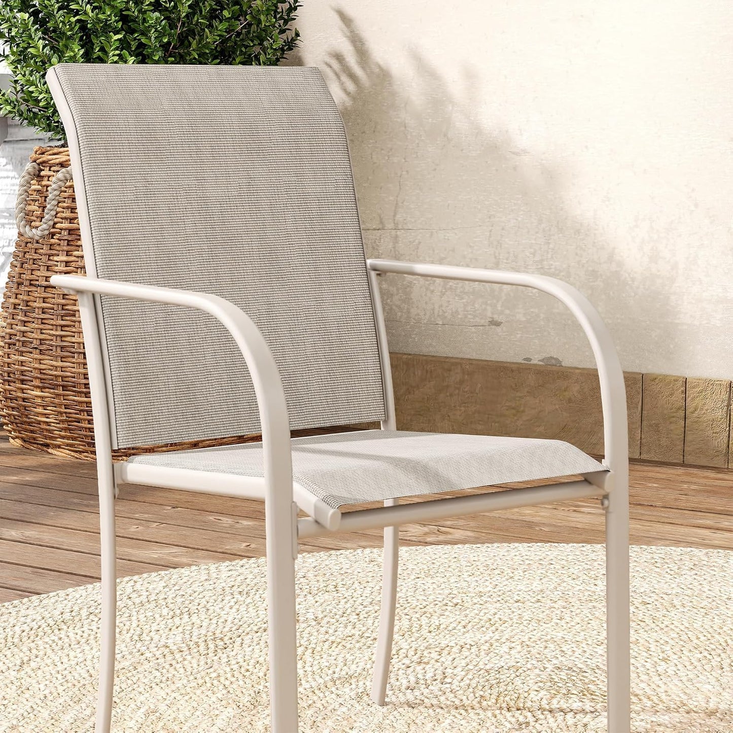 VICLLAX 7 Pieces Patio Dining Set, Outdoor Furniture Set Includes 47.2" Round Patio Table and 6 Patio Sling Chairs, Sandshell Color Tabletop and Fabric