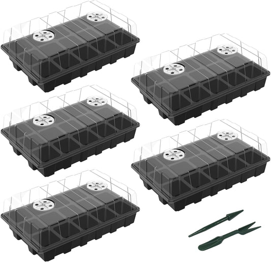 Gardzen 5-Pack Seed Starter Kits, Reusable Plant Germination Trays with Total 75-Cell, Seed Starter Tray with Humidity Vented Domes and Bases for Starting Vegetable Flower Herb Seeds 15" x 9"