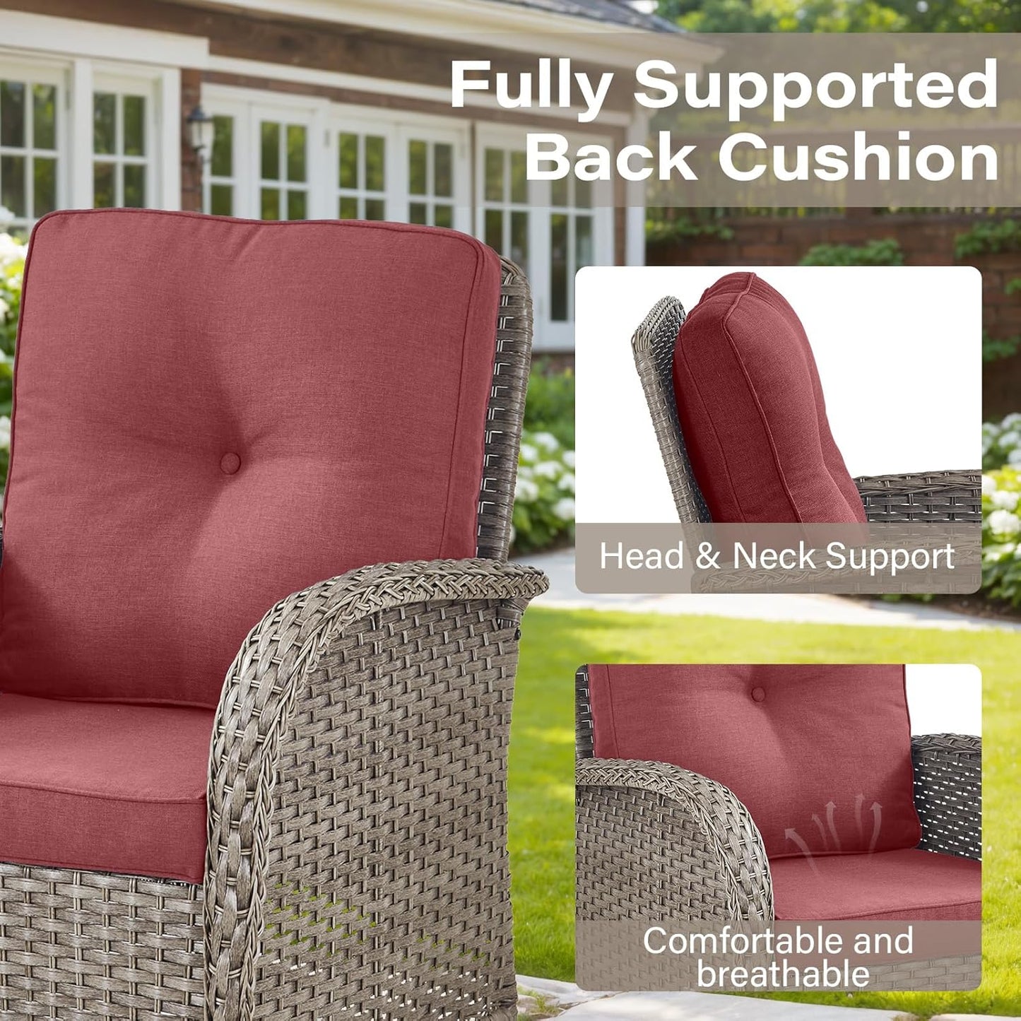 5 Pieces Wicker Patio Furniture Set - Swivel Rocker Outdoor Chairs with Ottomans and Side Table, Small Patio Conversation Set for Porch Deck Backyard Red