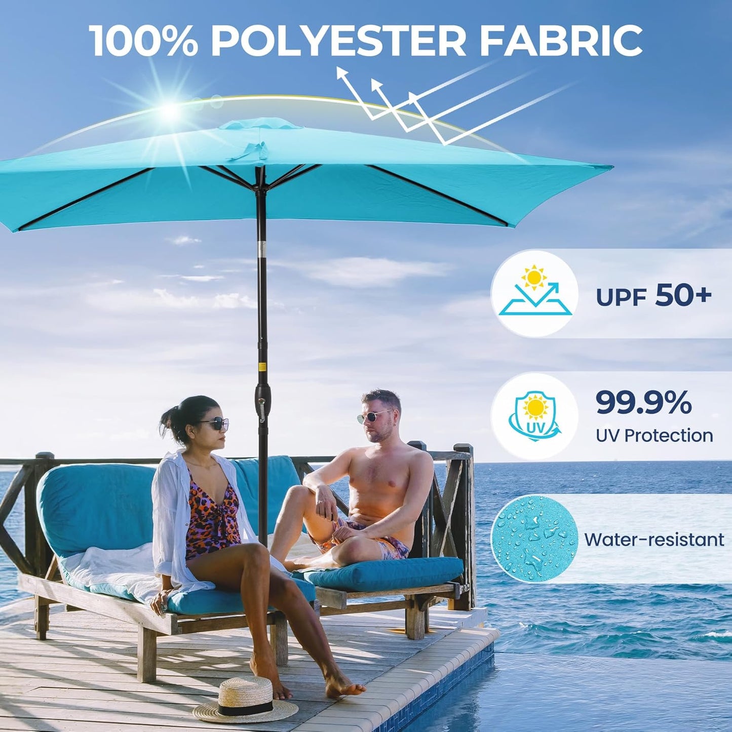 SUNVIVI OUTDOOR Patio Umbrella, 6.5' x 10' Rectangular Patio Umbrella, Metal Pole Square Outdoor Umbrella with Crank and Push Button Tilt, 6 Steel Ribs, Polyester Canopy