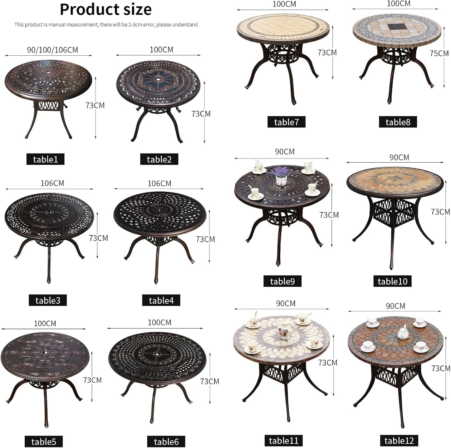Outdoor Table Cast Aluminum Round Patio Table with Umbrella Hole All Weather Outdoor Dining Table for Lawn Garden Backyard (90cm YLSB Round Table)