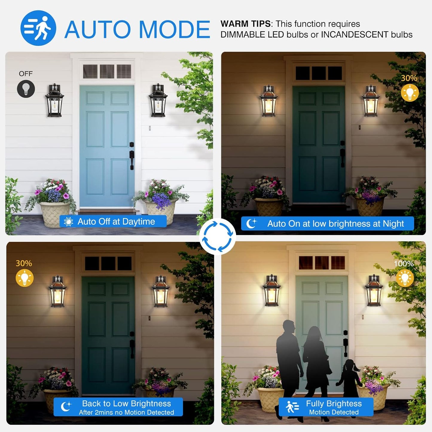 VIANIS Black 2 Pack Outdoor Lights for House, Dusk to Dawn Porch Light Lantern, Exterior Lighting for House Wall Mount, Motion Sensor Light Outside for Garage, Brightness Distance Adjustable