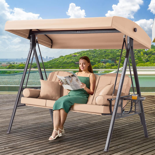 3 in 1 Outdoor Porch Swing with Adjustable Canopy, 3 Seat Outdoor Swing for Adults, Patio Swing Chair with Thickened Cushions,Pillows & Cup Holders for Backyard, Porch, Garden(Khaki)