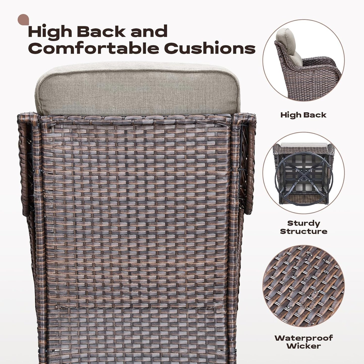 Wicker Outdoor Patio Furniture Set - 6 Piece Patio Conversation Sets with Swivel Rocker Chairs, Ottomans, Sofa and Table, 6 inch Cushions, Deep Seating, for Porch Deck Brown/Beige