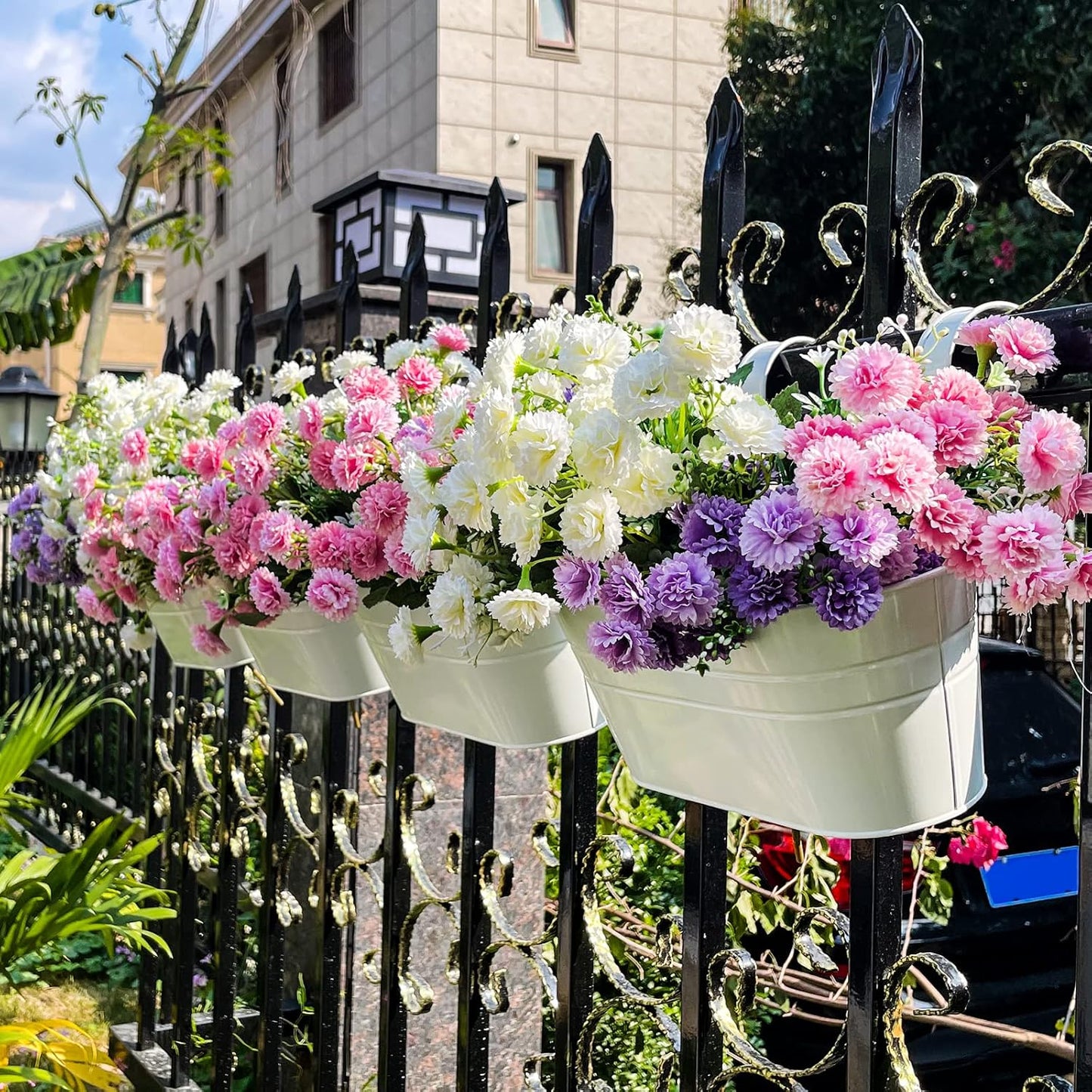 OGIMA 4pcs Hanging Flower Pots, Metal Iron Wall Planter Indoor/Outdoor for Railing Fence Balcony Garden Home Decoration with Detachable Hooks
