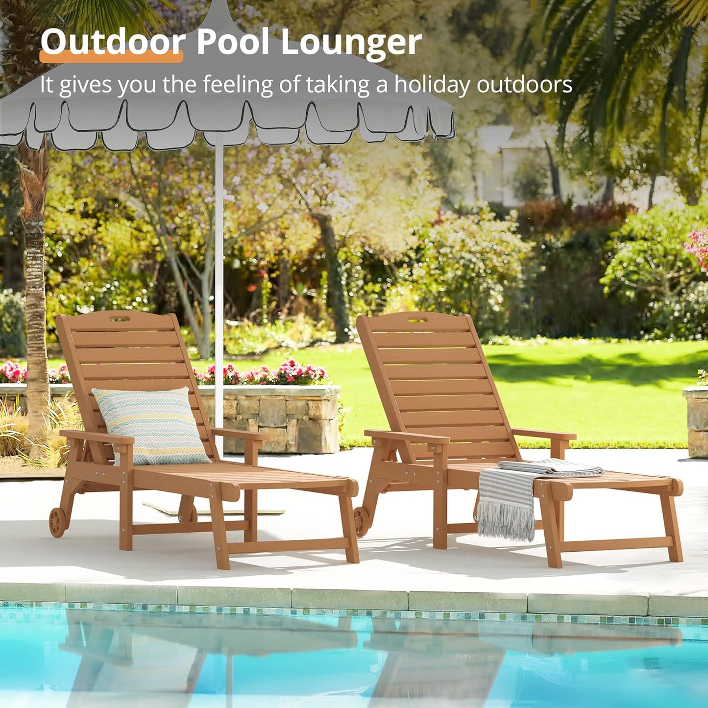 LUE BONA Outdoor Chaise Lounge Chairs Set of 2, HDPS Chaise Lounger, 5 Positions Adjustable Lounge Chairs, Pool Lounge Chair with Wheels for Poolside, Hotel, Restaurant, 3 Year Warranty, Teak Color
