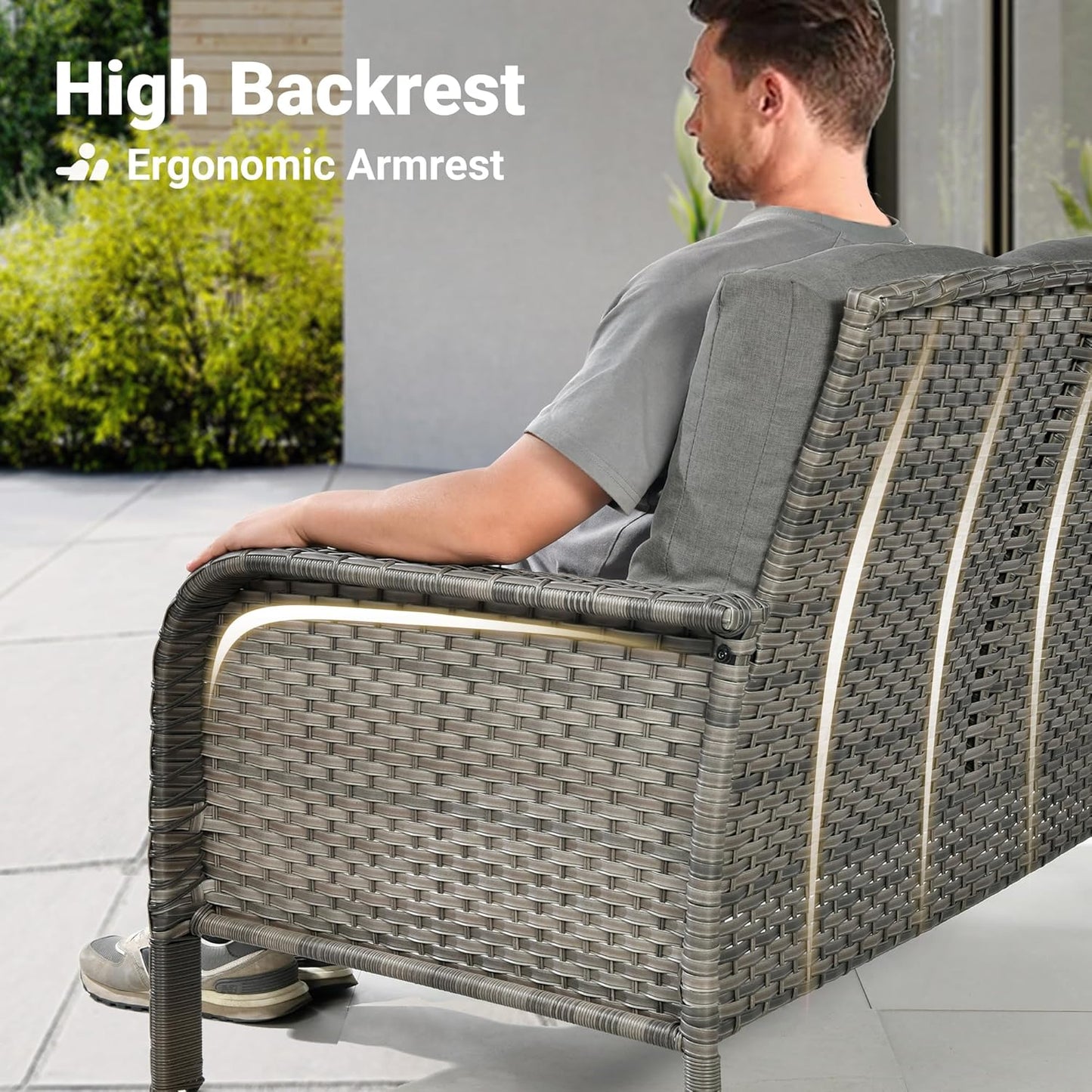 ovios 2 Pieces Patio Furniture Set, Outdoor Wicker Sofa with Glass Coffee Table, All Weather High Back Rattan Loveseat Couch 2 Seats with Comfy Cushions, Dark Grey