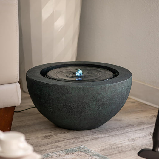 Xbrand 19.8" W Round Polyresin Indoor/Outdoor Sphere Water Bowl w/LED Light, Patio Water Fountain Decor, Dark Green, AMS3542-2