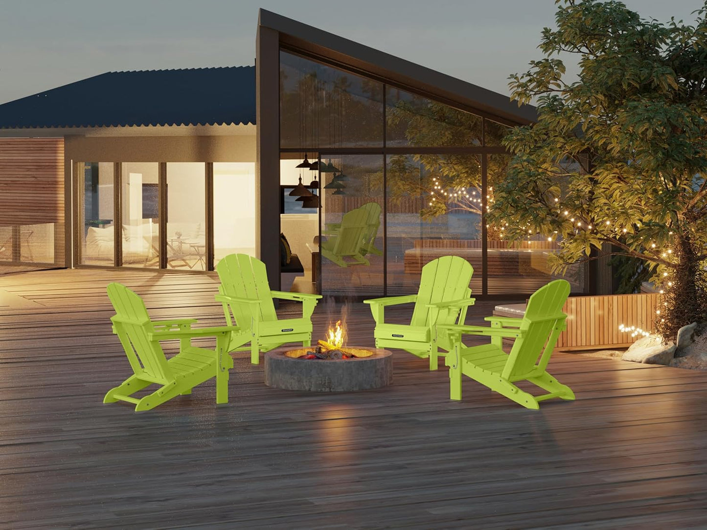 MUCHENGHY Folding Adirondack Chairs Set of 4, Patio Chairs, Lawn Chairs, Outdoor Chair, Adirondack Chair Plastic, Fire Pit, Weather Resistant with Cup Holder for Deck, Backyard, Garden(Lemon Green)