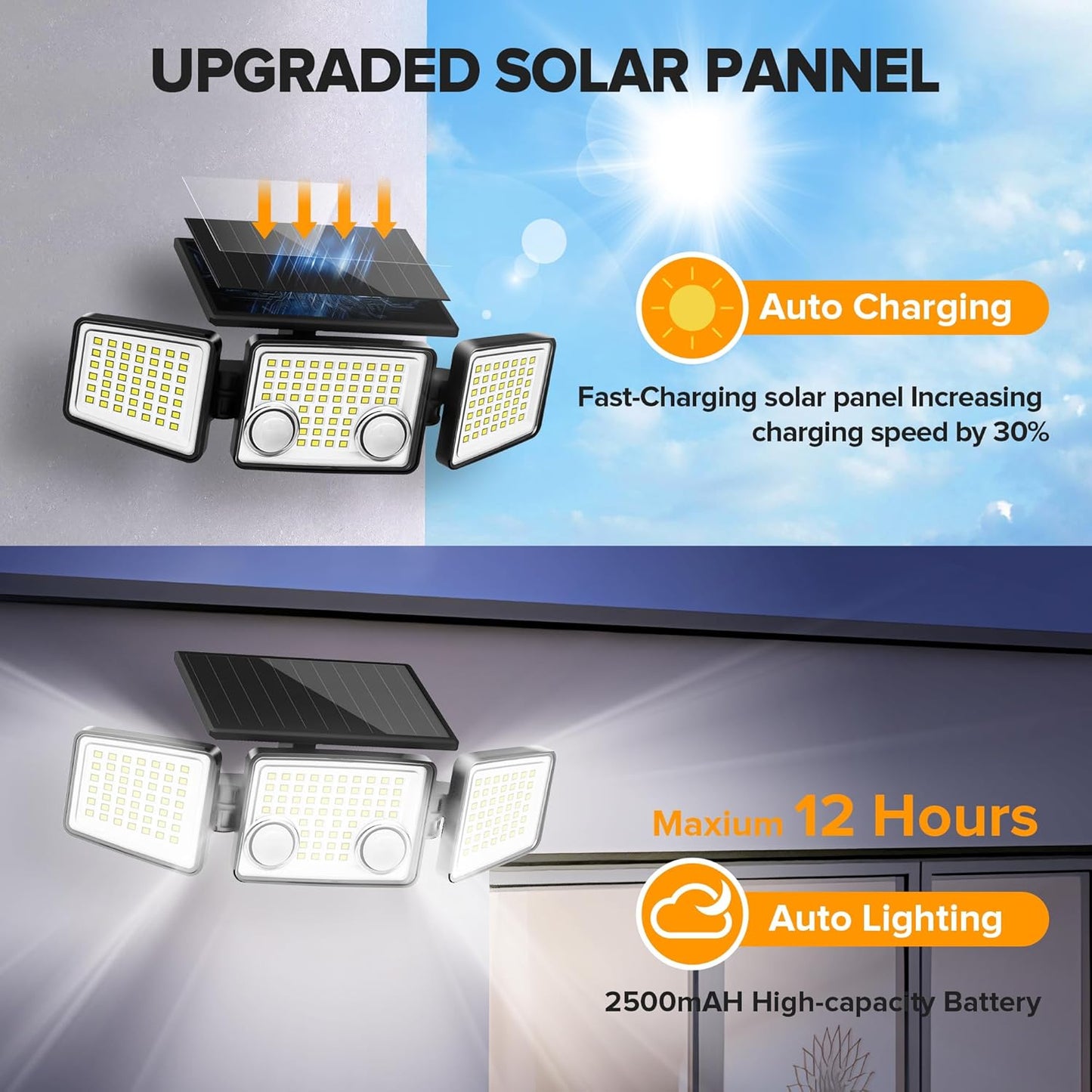 UME Solar Outdoor Lights 3000 Lumen 7000K, 152 LED Super Bright Motion Sensor Outdoor Lights with 2 Sensors, IP65 Waterproof 270 Wide Angle Solar Flood Lights with 3 Modes for Garden - 6 Pack