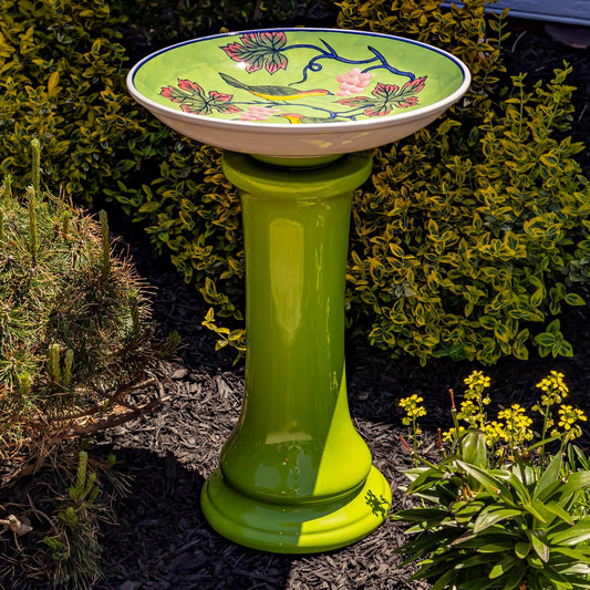 Zaer Ltd. Porcelain Birdbath with Hand Painted Details (24" Tall, Birds & Grapes)