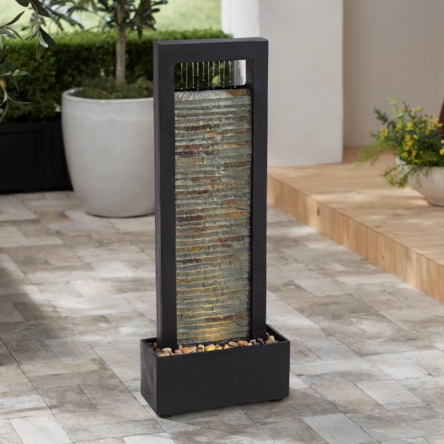 Stave 48" High Large Modern Indoor Outdoor Decor Cream Slate Stone Floor Fountain with Light LED Standing Waterfall Tall Water Feature for Outside Garden Patio Yard Backyard Deck - John Timberland