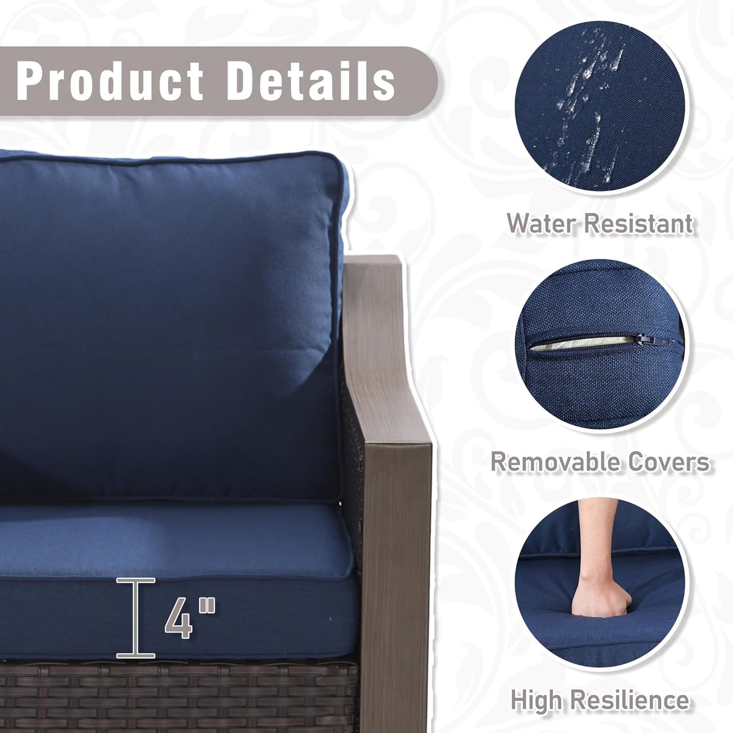 5 Piece Wicker Patio Conversation Set, All-Weather Use Outdoor 2 PE Rattan Swivel Chair, 2 Ottoman, 1 Patio Sofa, Removable Water-Resistant Cushion, Ideal for Porch, Backyard, Balcony, Poolside, Blue