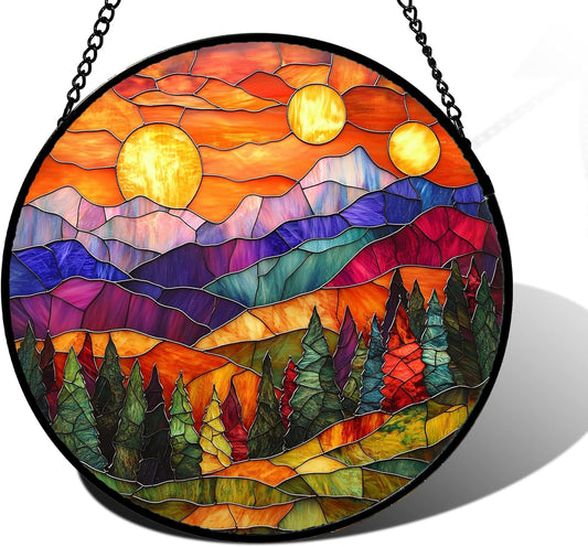 Stained Glass Window Hanging, Sunset Abstract Sun Catchers Colorful Glass Panel Landscape Suncatcher Decor for Birthday for Women, Men, Wife, Aunt, and Mom 6.3 in