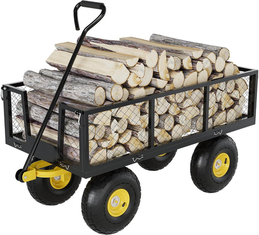 900 Lbs Garden Wagon, 2-in-1 Heavy-Duty Steel Garden Cart, with 10 Inch All-Terrain Tires and Removable Mesh Side Panels, 180° Rotating Handle, Metal Utility Yard Trailer, Outdoor Gardens Wagon Cart