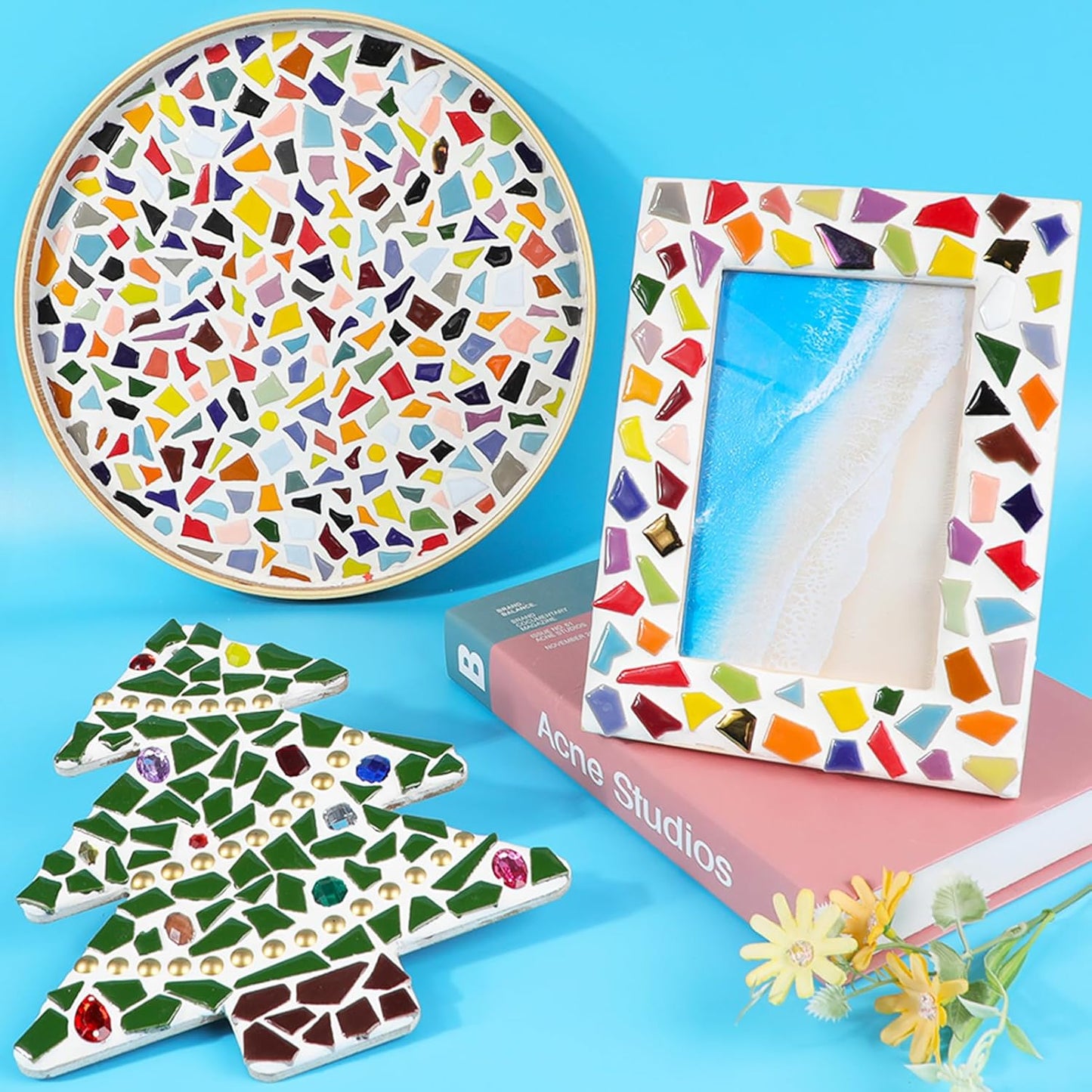 Irregular Size Mosaic Tiles Mixed Color Ceramic Mosaic Glass Pieces for Home Decoration or DIY Crafts 200g Triangles Trapezoids Polygons (Blue Mix)