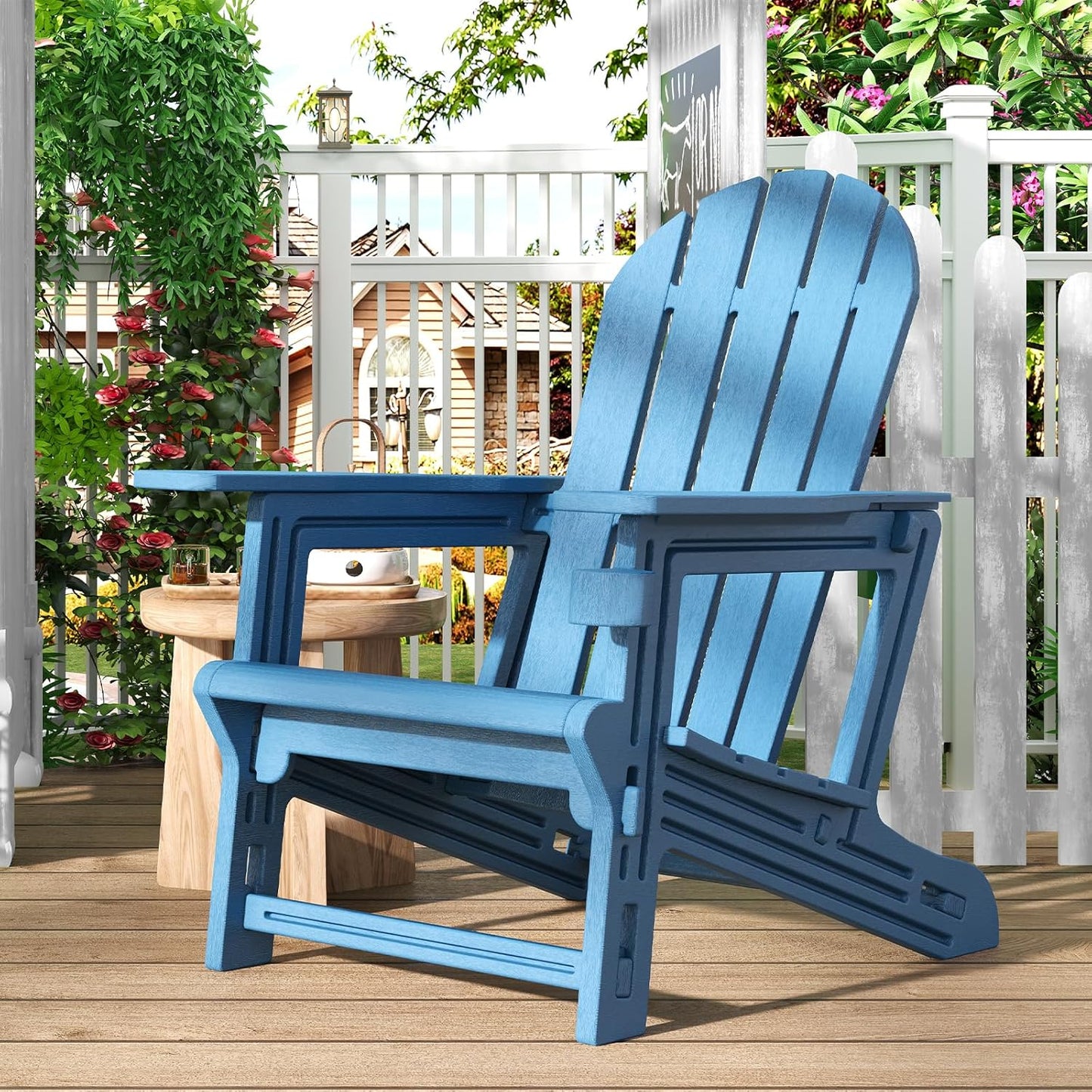 Adirondack Chairs Set of 2, Tool-Free Assembly All-Weather Plastic Adirondack Chairs, HDPE Fire Pit Chairs with Cup Holder, Outdoor Chair for Patio Garden (Blue)