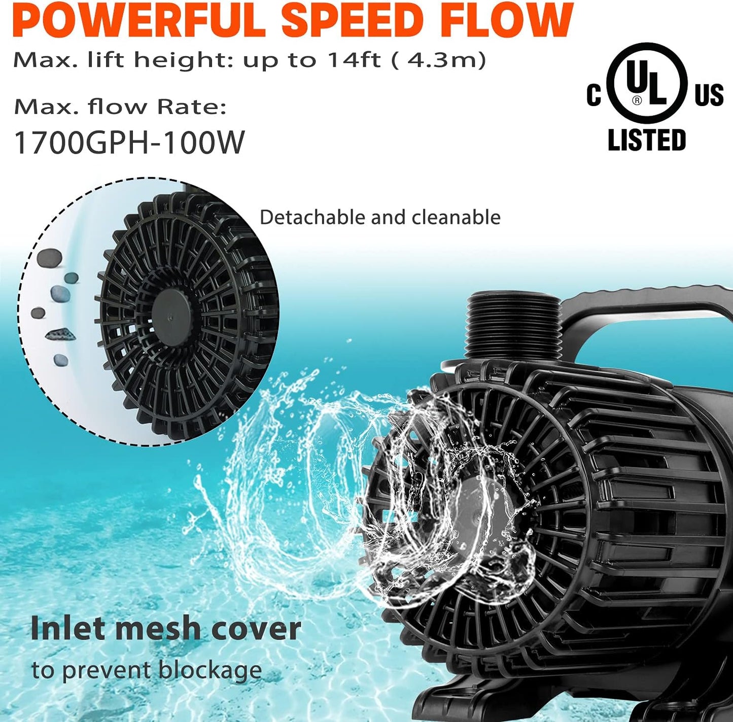 WaterRebirth (1700GPH-120W,UL listed) Large Fountain Submersible Water Pond Sump Pump Aquarium Electric Waterfall Pump Outdoor PS-1700