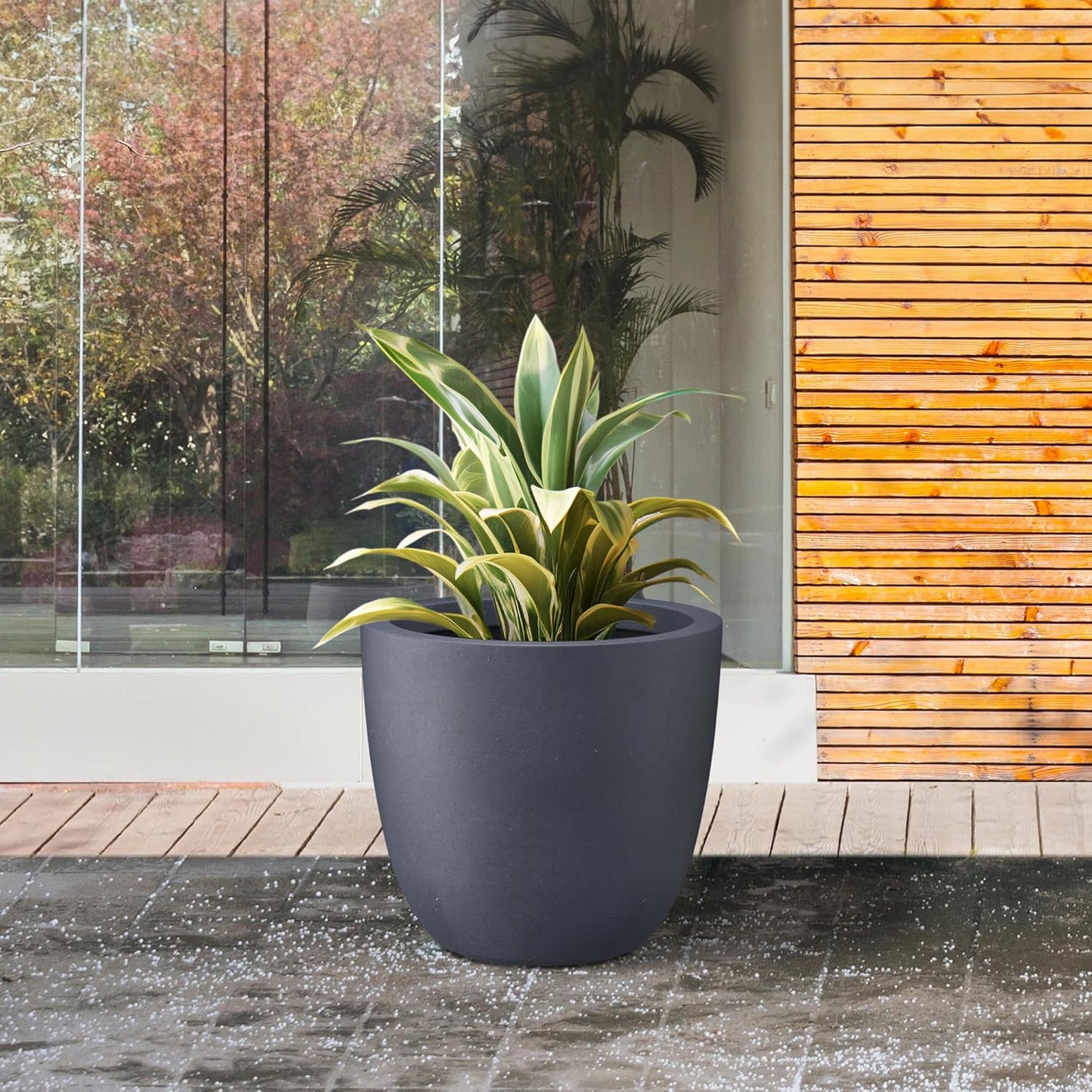 Kante 14 Inch Dia Round Concrete Planter, Indoor Outdoor Large Plant Pot with Drainage Hole and Rubber Plug for Home Patio Garden, Charcoal