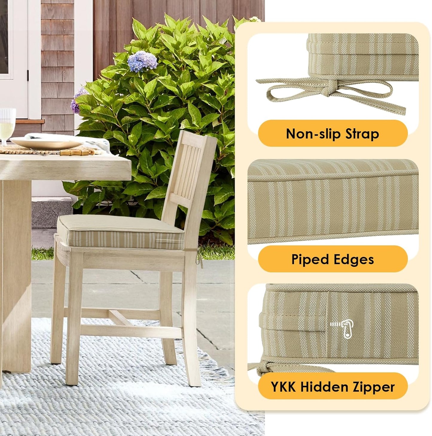 Outdoor Square Corner Seat Cushion, 19"x19"x3", Set of 4, Non Slip Seat Cushion Pads with Removable Cover for Patio Furniture, Garden Yard Lawn, Beige Brown Stripe