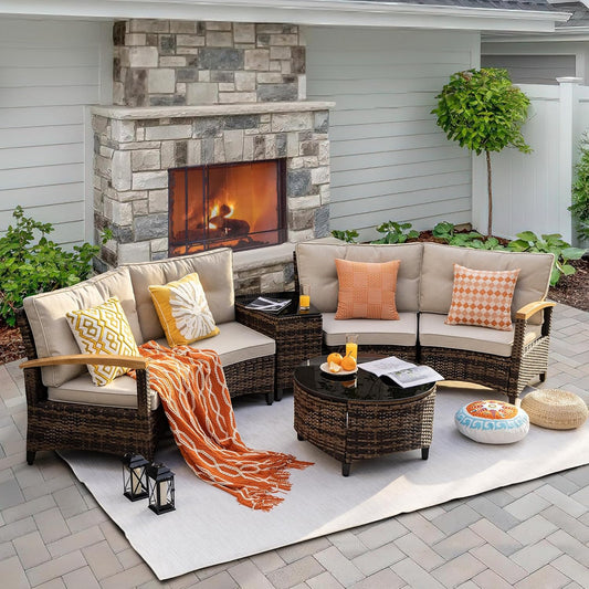 6 Piece Outdoor Patio Furniture Set, Half-Moon Curved Sectional Set with Wood Armrests, Patio Conversation Set, Tempered Glass Coffee & Side Tables (Brown)