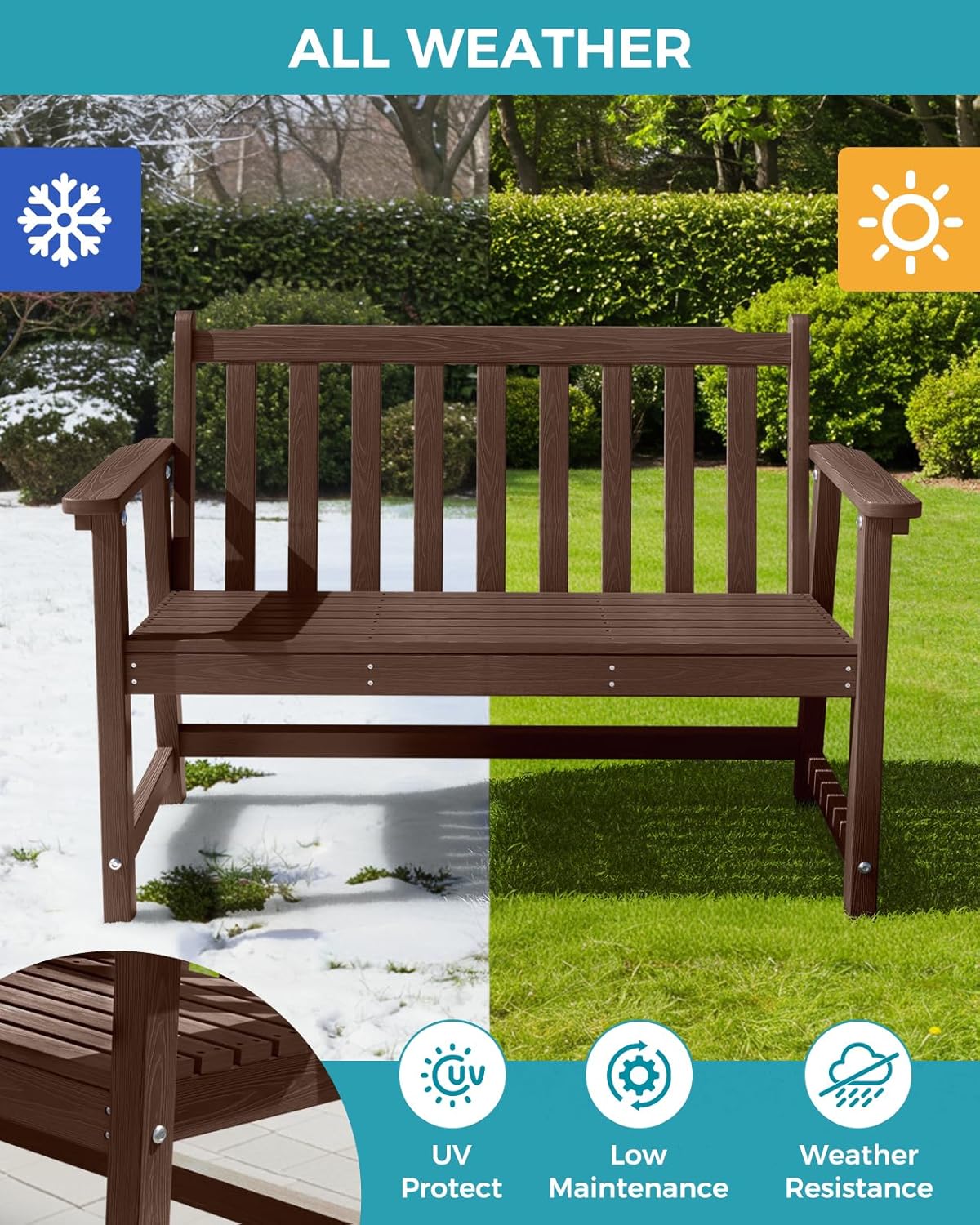 Outdoor Bench, 2-Person HDPE Garden Bench, All Weather Poly Patio Bench for Outdoors, Garden, Backyard, Porch and Park, 550 lbs Weight Capacity, Brown, 2 Pack