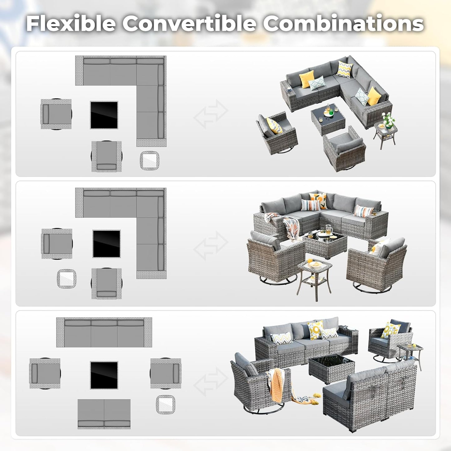 ovios 9 Pieces Patio Furniture Set, Outdoor Wicker Sectional Sofa with 2 Swivel Chairs Coffee Table, Modern Modular Deep Seat Rattan Couch Conversation Sets, Dark Grey