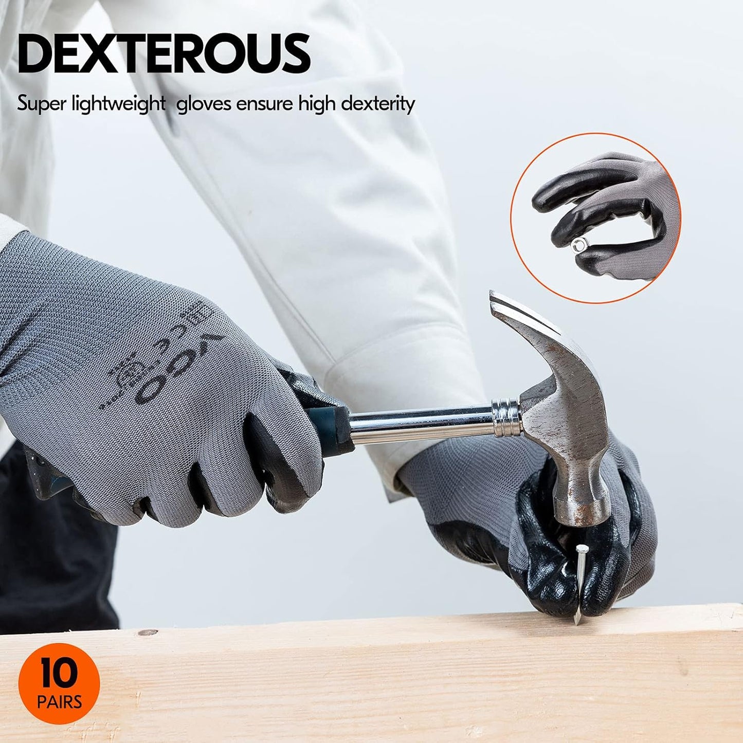 Vgo... 10-Pairs Safety Work Gloves, Gardening Gloves, Non-slip Nitrile coating, Dipping Gloves (Size M, Gray, NT2110)