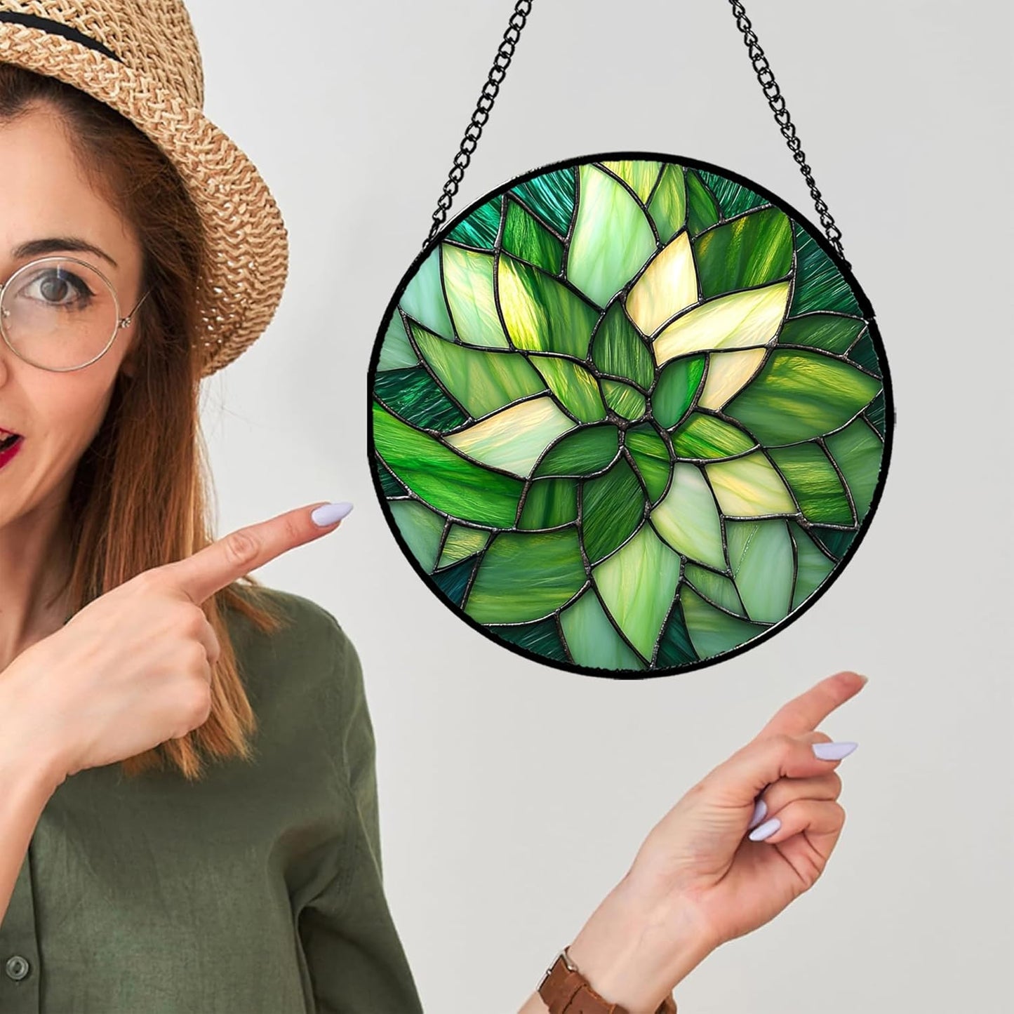 Stained Glass Window Hanging - Green Plants Suncatcher for Doors Garden Patio Flowers Sun Catchers Decor Christmas Mother's Day Birthday Gifts for Women Men Mom Nana Friend 9.8 in