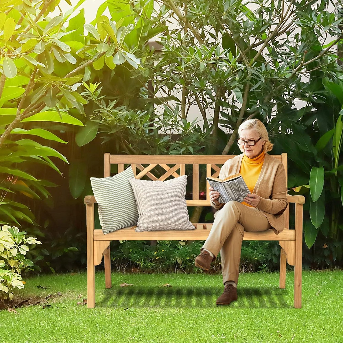 Tangkula Folding Outdoor Wood Garden Bench, Foldable Acacia Wood Patio Bench with Wide Curved Armrest & Backrest, Outside 2-Person Loveseat Chair for Entryway, Yard, Deck, Balcony & Park
