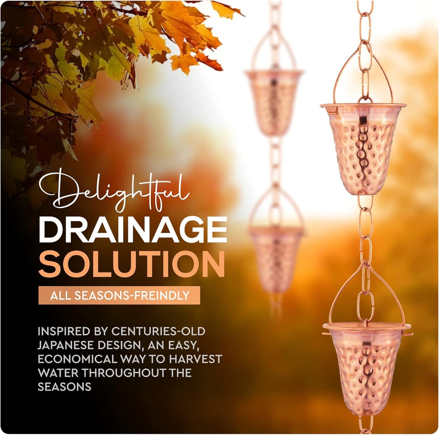 Copper Hammered Rain Chain – Decorative Chimes & Cups Replace Gutter Downspout & Divert Water Away from Home for Stunning Fountain Display – 8.5’ Long for Universal Fit – Bell Style