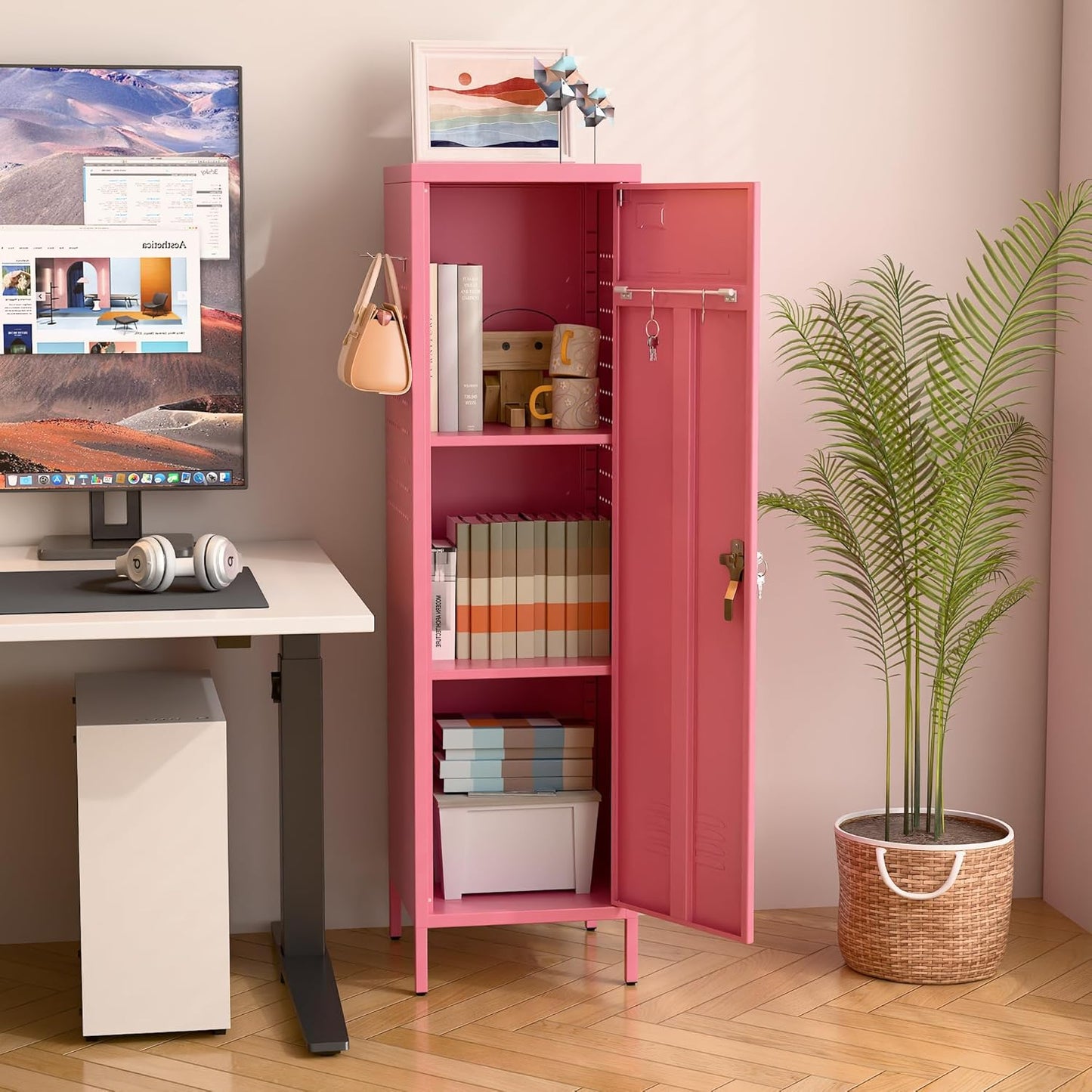 METAN Metal Storage Lockers with Handle Lock and 2 Adjustable Shelves,Office Storage Locker with Pegboards and Hooks,Assembly Required,Pink