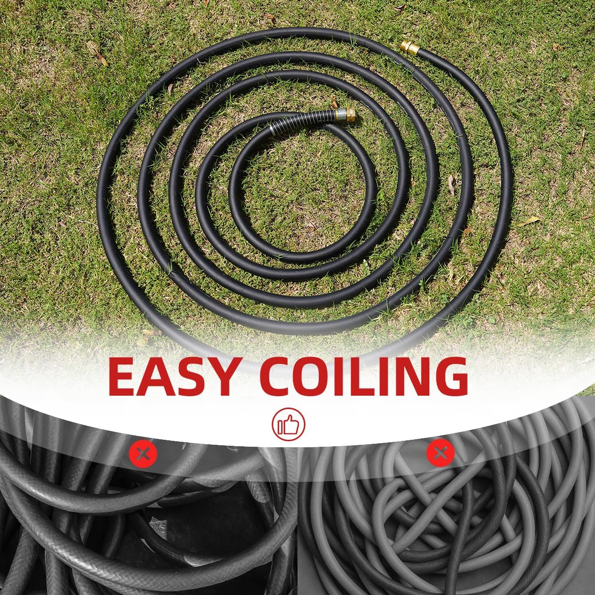 WiseFlow Garden Hose 150FT x 5/8", Heavy Duty Rubber Hose, 1000PSI Burst, 300PSI Working, Water Hose with Five Layered Braiding, Male Female Fittings (Black)