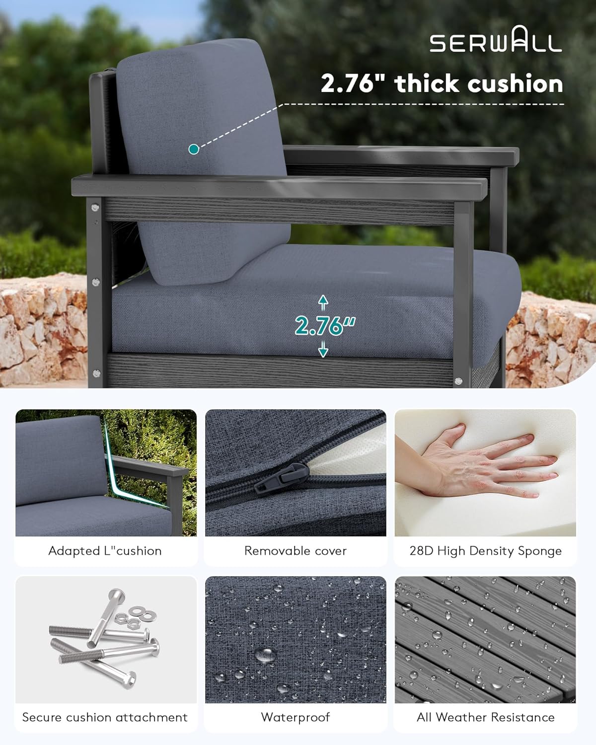 SERWALL HDPE Outdoor Loveseat Couch with Cushions, All Weather Use Outdoor Loveseat Sofa, Grey Frame with Grey Cushions