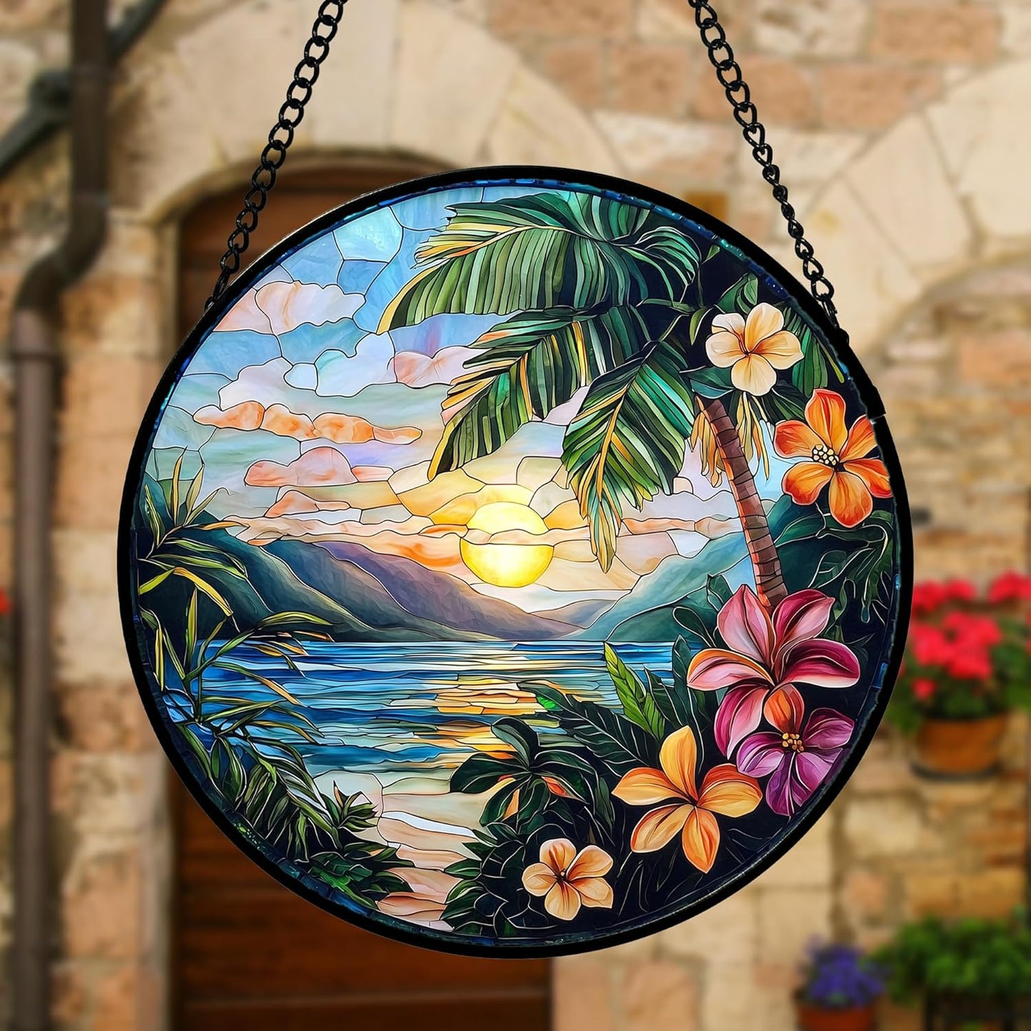 Stained Glass Window Hanging, Colorful Landscape Suncatcher for Doors Home Sun Catchers Decoration and Christmas, Mother's Day Birthday Gifts for Women, Men, and Mom 9.8 in