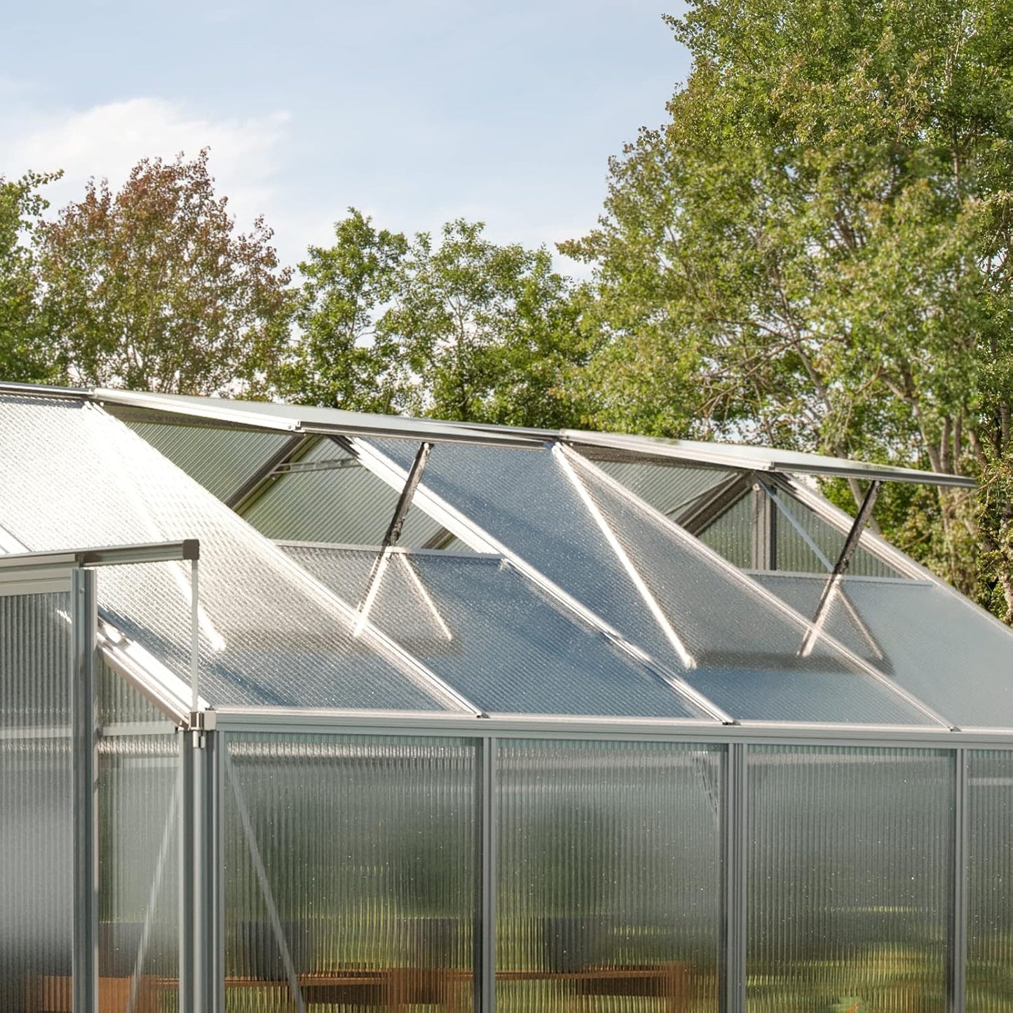 Greenhouse Saphir 6 Aluminum Frame 8.5 x 12.6 ft Approx. 6 mm Polycarbonate Panels - with Bonus Base Frame and Automatic Vent Opener
