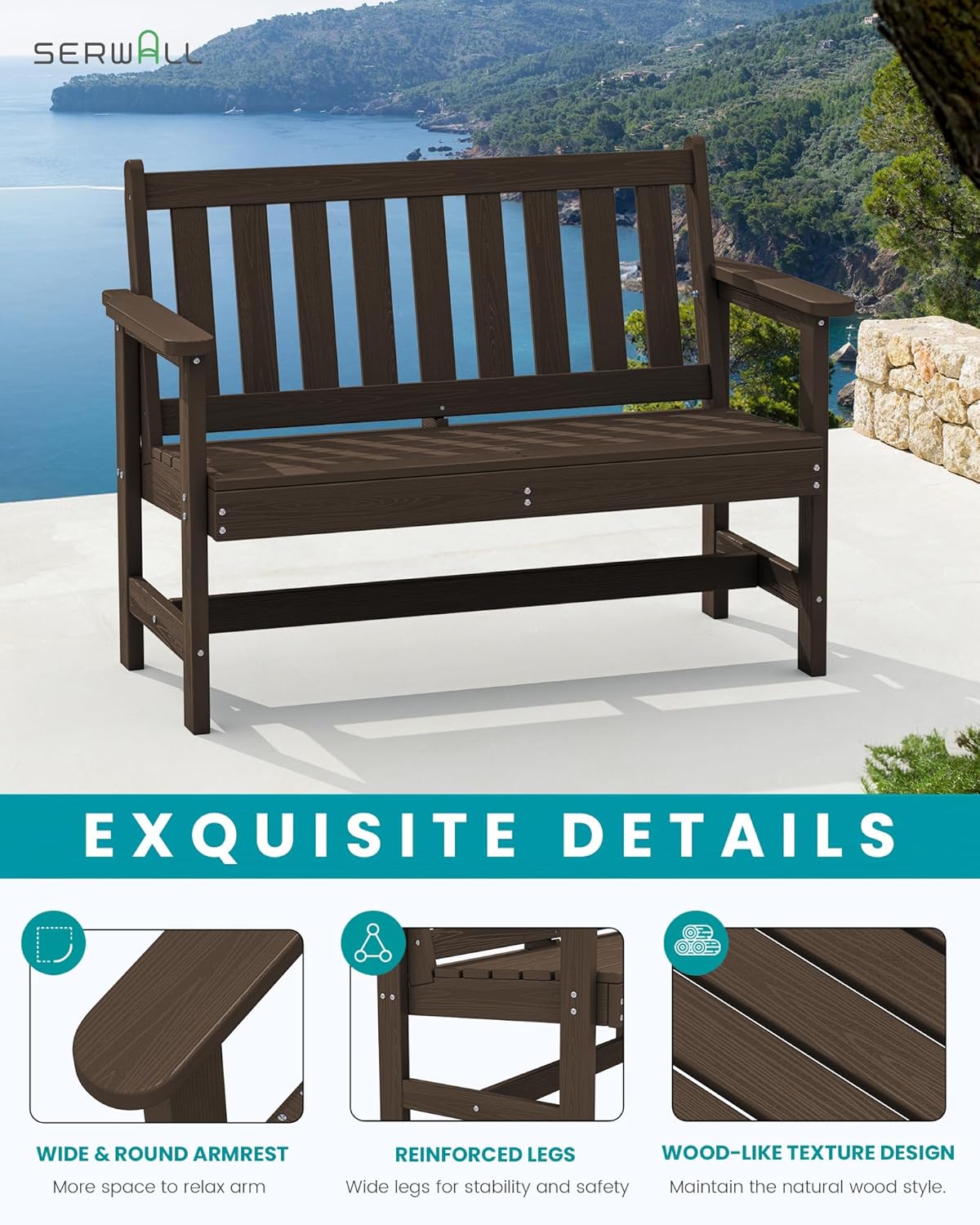 SERWALL Outdoor Bench, HDPE Outdoor Benches Weatherproof, 2-Person Garden Bench with 660 lbs Weight Capacity, Patio Benches for Outdoors, Garden, Porch, Backyard and Park, Coffee, 4 Pack
