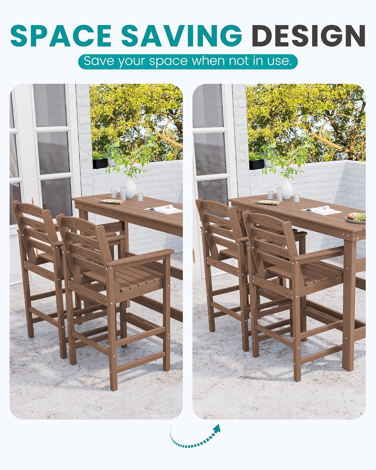 SERWALL Outdoor Bar Table and Chairs Set of 2, HDPE Outdoor Furniture for Outside, Poolside, Backyard, Garden, Brown
